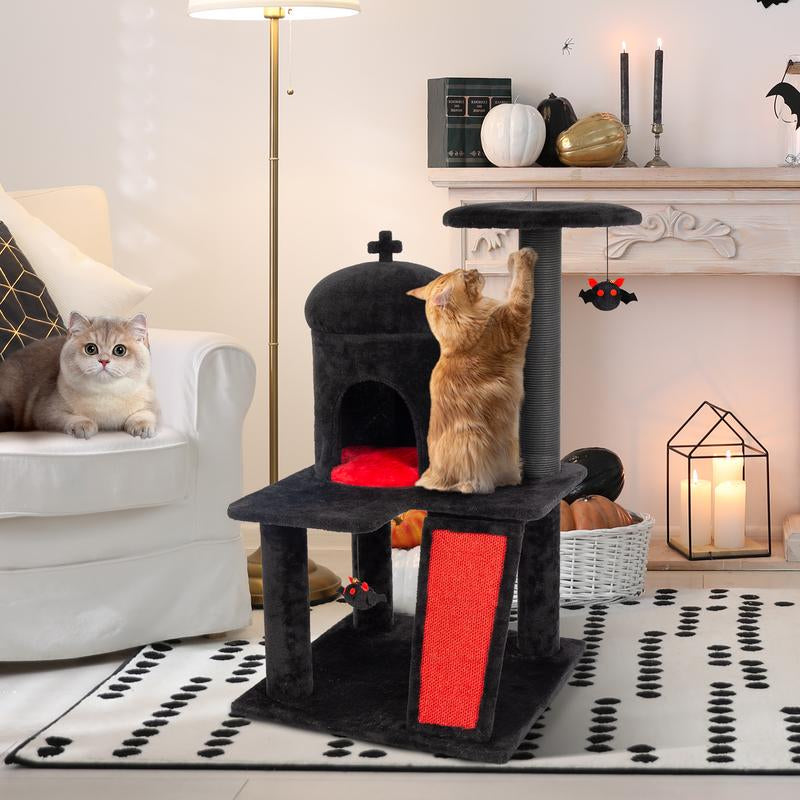 Petlife Halloween Cat Tree with Pumpkin & Ghost Design Cozy Beds Multi-Level Platforms Scratching Posts & Hanging Toys for Indoor Cats