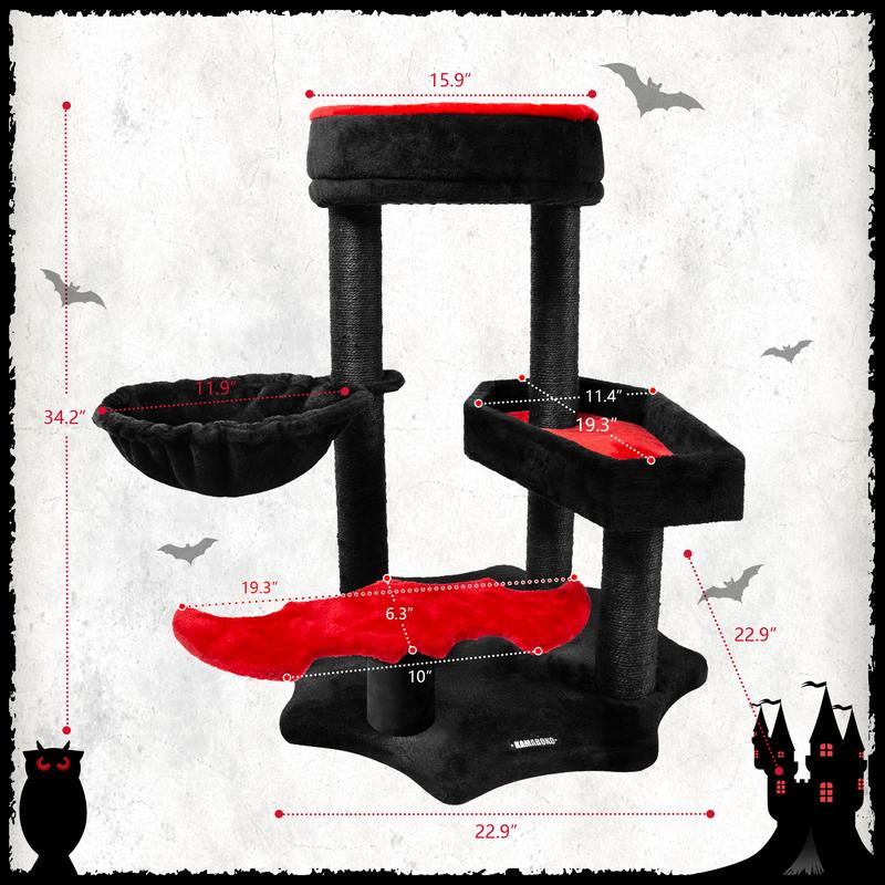 Petlife Halloween Cat Tree with Pumpkin & Ghost Design Cozy Beds Multi-Level Platforms Scratching Posts & Hanging Toys for Indoor Cats