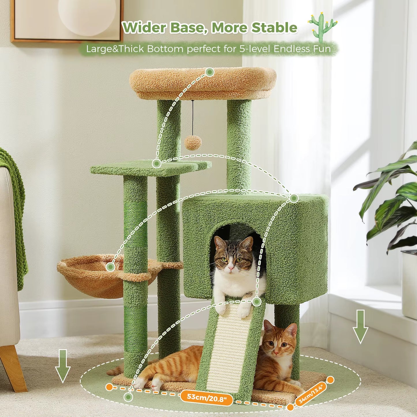 Cactus Cat Tree with Sisal Covered Scratching Post, Cozy Condo, Hammock, Multi-Level Cat Tower for Indoor Cats, Cat House Toys