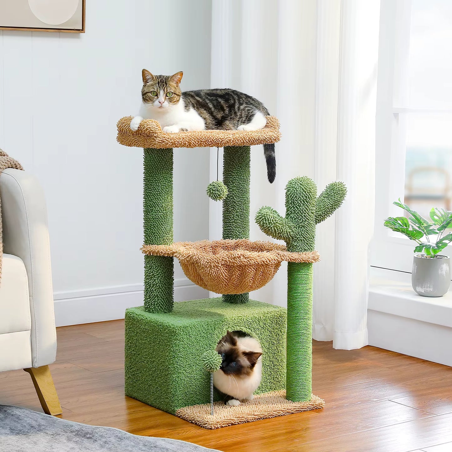 4-In-1 Cactus Cat Tree for Indoor Cat, Small Cat Tower with Large Condo, Scratching Post, Deep Hammock, Cozy Top Perch, Cat Toys