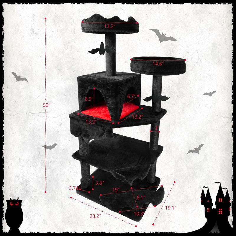 Petlife Halloween Cat Tree with Pumpkin & Ghost Design Cozy Beds Multi-Level Platforms Scratching Posts & Hanging Toys for Indoor Cats