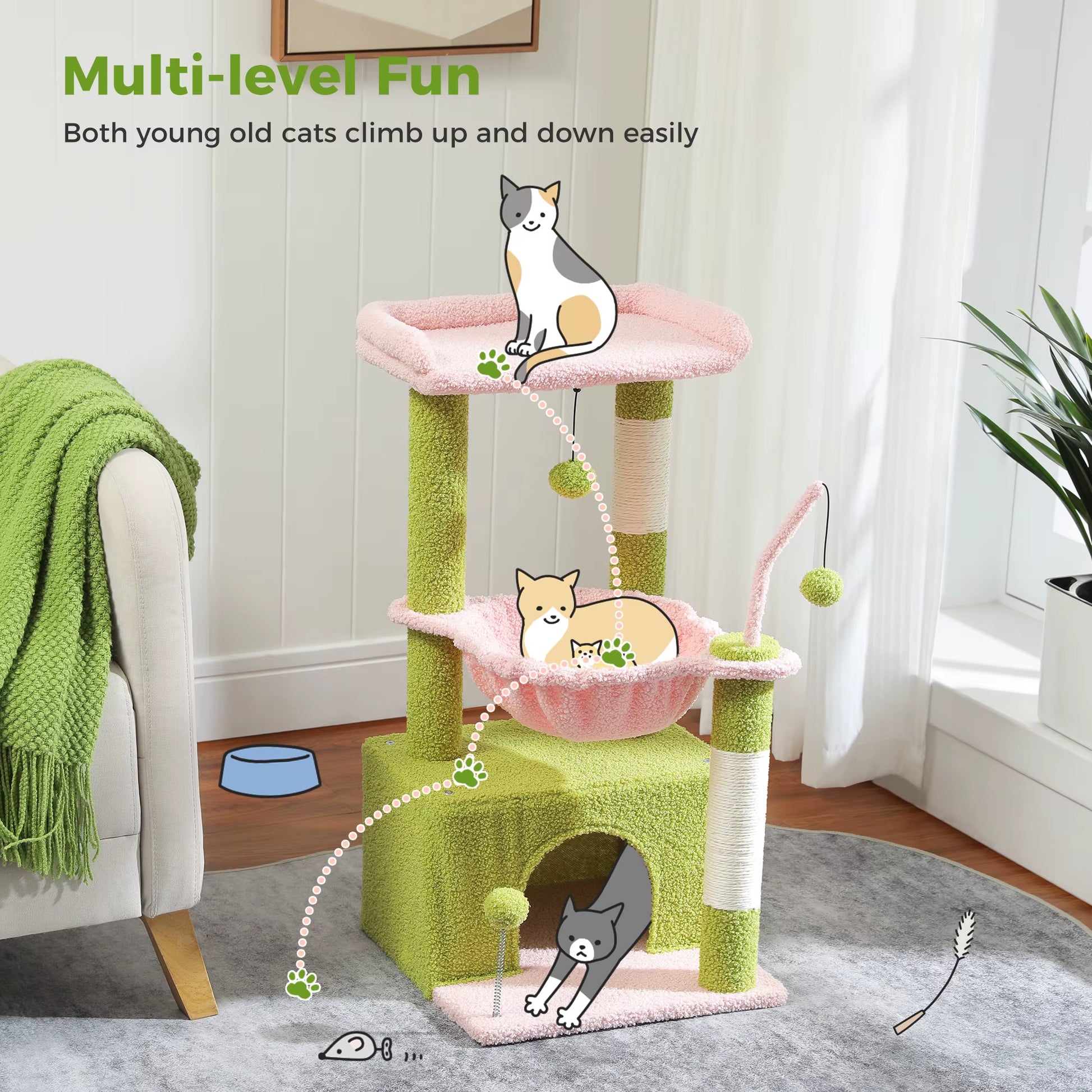 4-In-1 Cactus Cat Tree for Indoor Cat, Small Cat Tower with Large Condo, Scratching Post, Deep Hammock, Cozy Top Perch, Cat Toys
