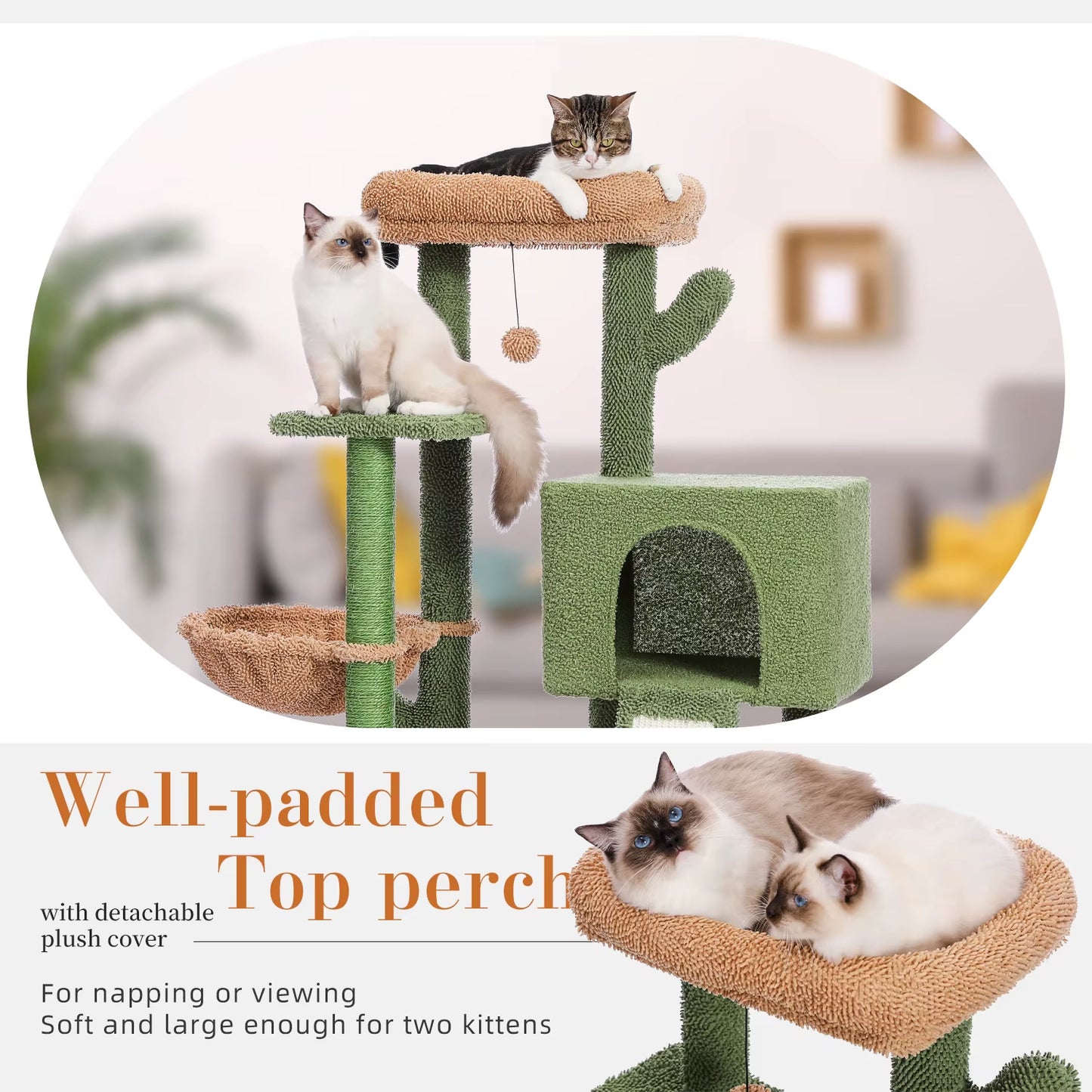 Cactus Cat Tree with Sisal Covered Scratching Post, Cozy Condo, Hammock, Multi-Level Cat Tower for Indoor Cats, Cat House Toys