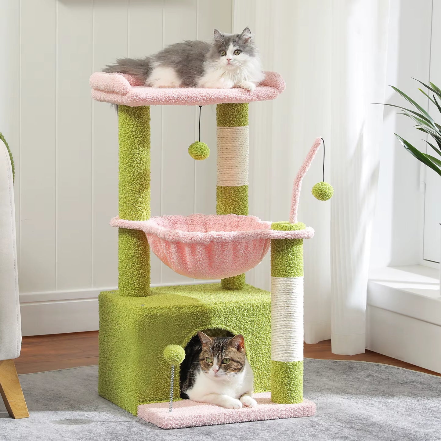 4-In-1 Cactus Cat Tree for Indoor Cat, Small Cat Tower with Large Condo, Scratching Post, Deep Hammock, Cozy Top Perch, Cat Toys