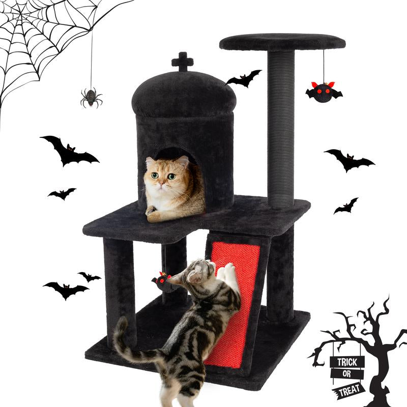 Petlife Halloween Cat Tree with Pumpkin & Ghost Design Cozy Beds Multi-Level Platforms Scratching Posts & Hanging Toys for Indoor Cats