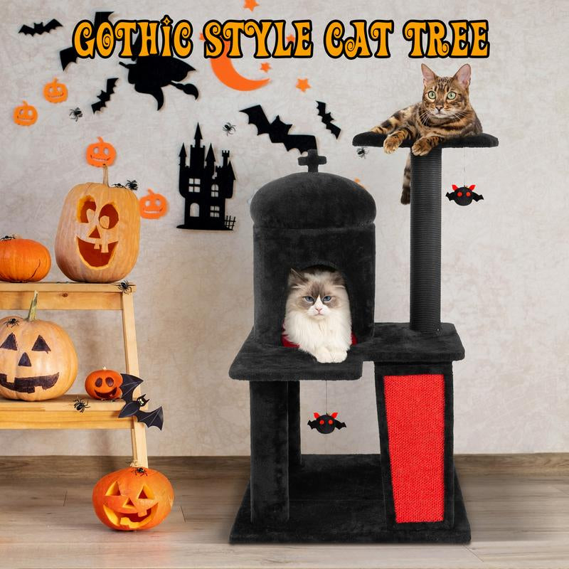 Petlife Halloween Cat Tree with Pumpkin & Ghost Design Cozy Beds Multi-Level Platforms Scratching Posts & Hanging Toys for Indoor Cats