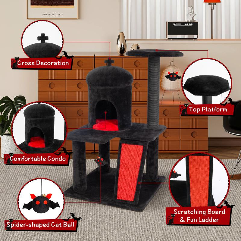 Petlife Halloween Cat Tree with Pumpkin & Ghost Design Cozy Beds Multi-Level Platforms Scratching Posts & Hanging Toys for Indoor Cats