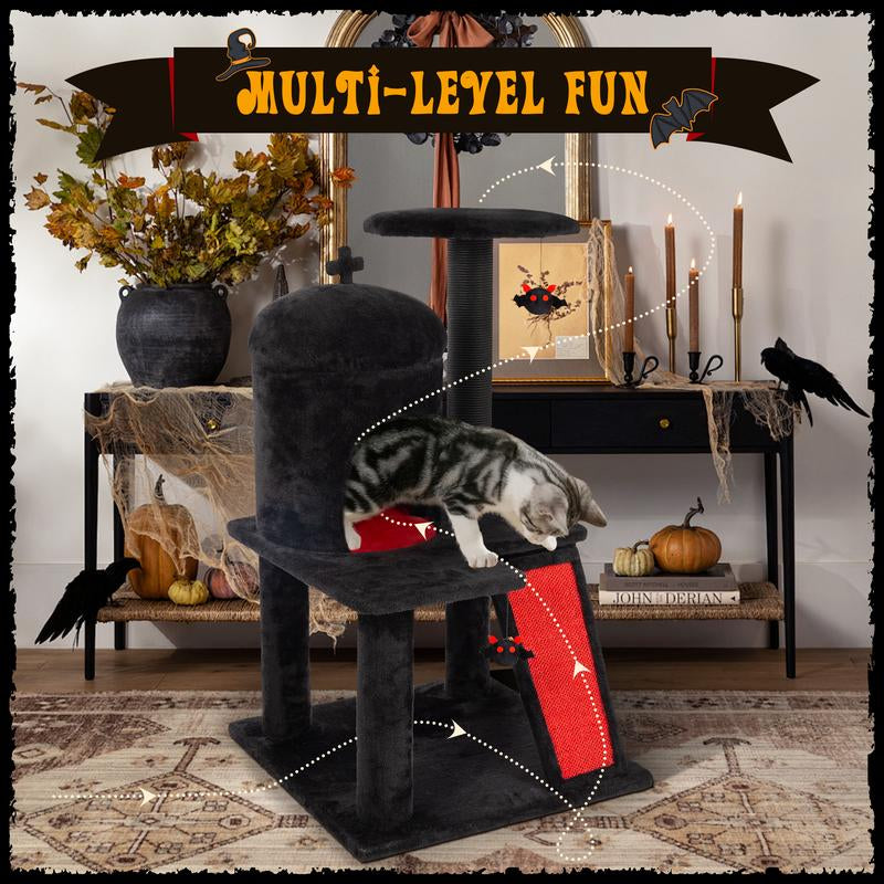 Petlife Halloween Cat Tree with Pumpkin & Ghost Design Cozy Beds Multi-Level Platforms Scratching Posts & Hanging Toys for Indoor Cats