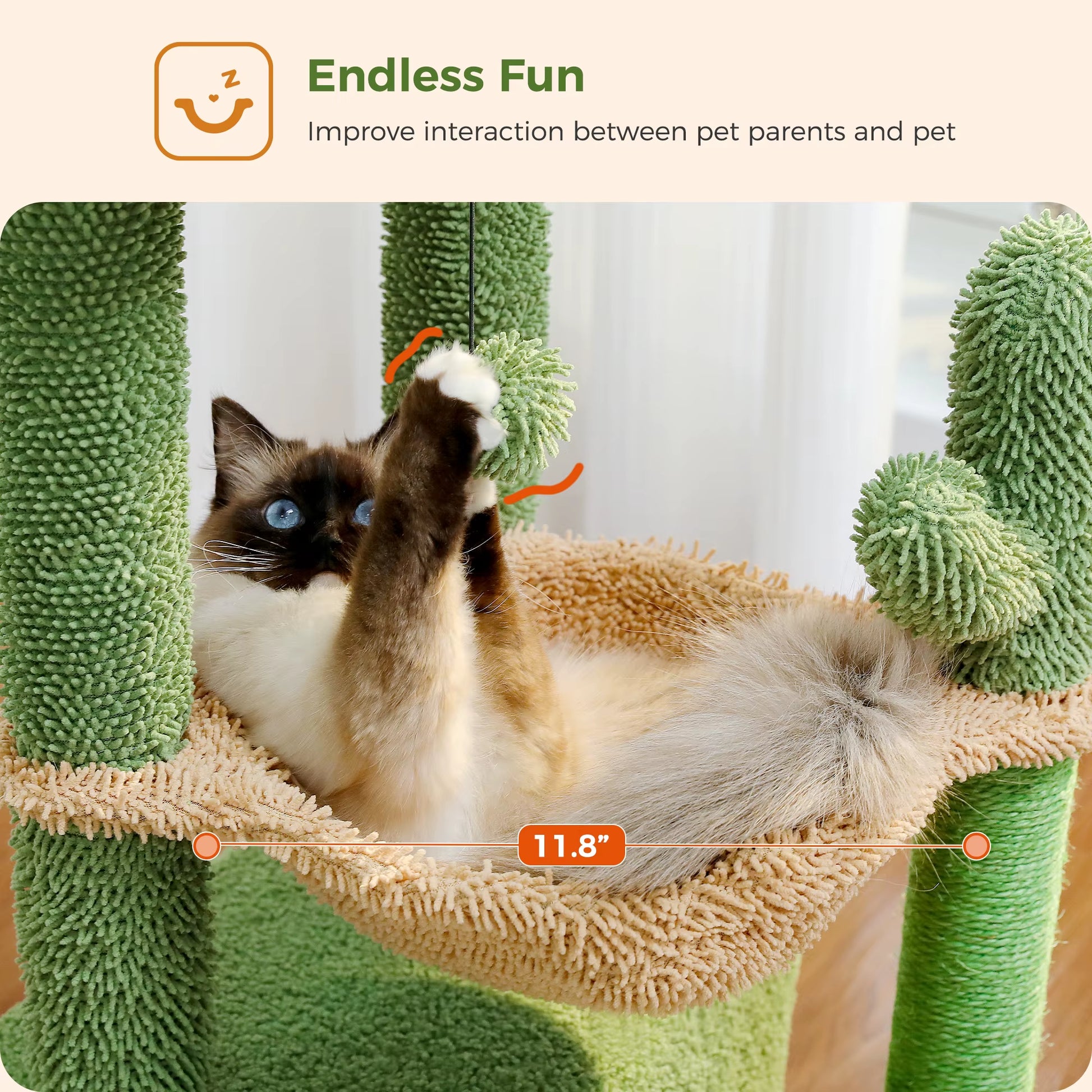 4-In-1 Cactus Cat Tree for Indoor Cat, Small Cat Tower with Large Condo, Scratching Post, Deep Hammock, Cozy Top Perch, Cat Toys