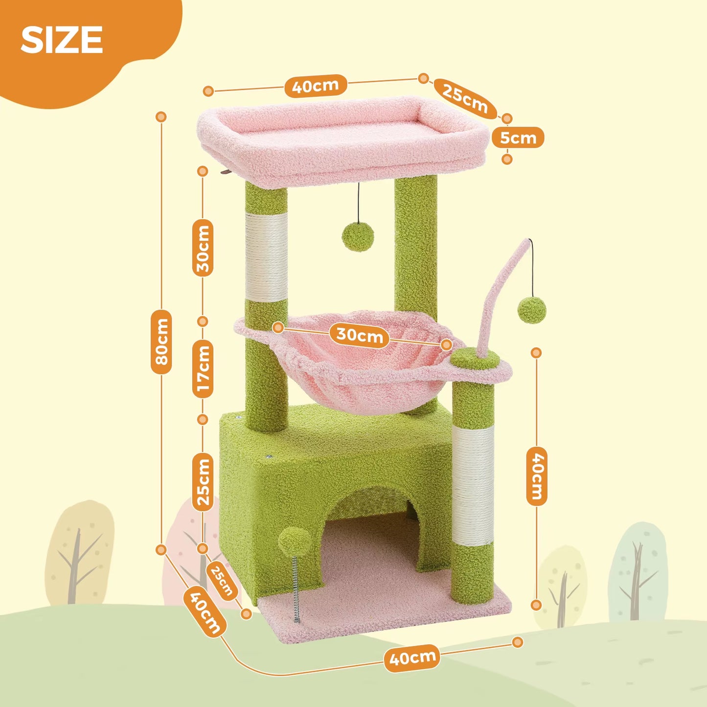 4-In-1 Cactus Cat Tree for Indoor Cat, Small Cat Tower with Large Condo, Scratching Post, Deep Hammock, Cozy Top Perch, Cat Toys