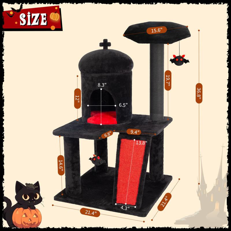 Petlife Halloween Cat Tree with Pumpkin & Ghost Design Cozy Beds Multi-Level Platforms Scratching Posts & Hanging Toys for Indoor Cats