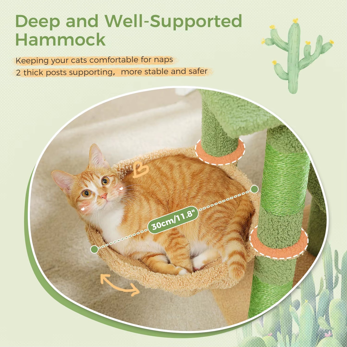 Cactus Cat Tree with Sisal Covered Scratching Post, Cozy Condo, Hammock, Multi-Level Cat Tower for Indoor Cats, Cat House Toys