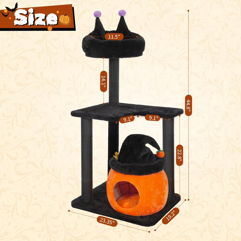 Petlife Halloween Cat Tree with Pumpkin & Ghost Design Cozy Beds Multi-Level Platforms Scratching Posts & Hanging Toys for Indoor Cats