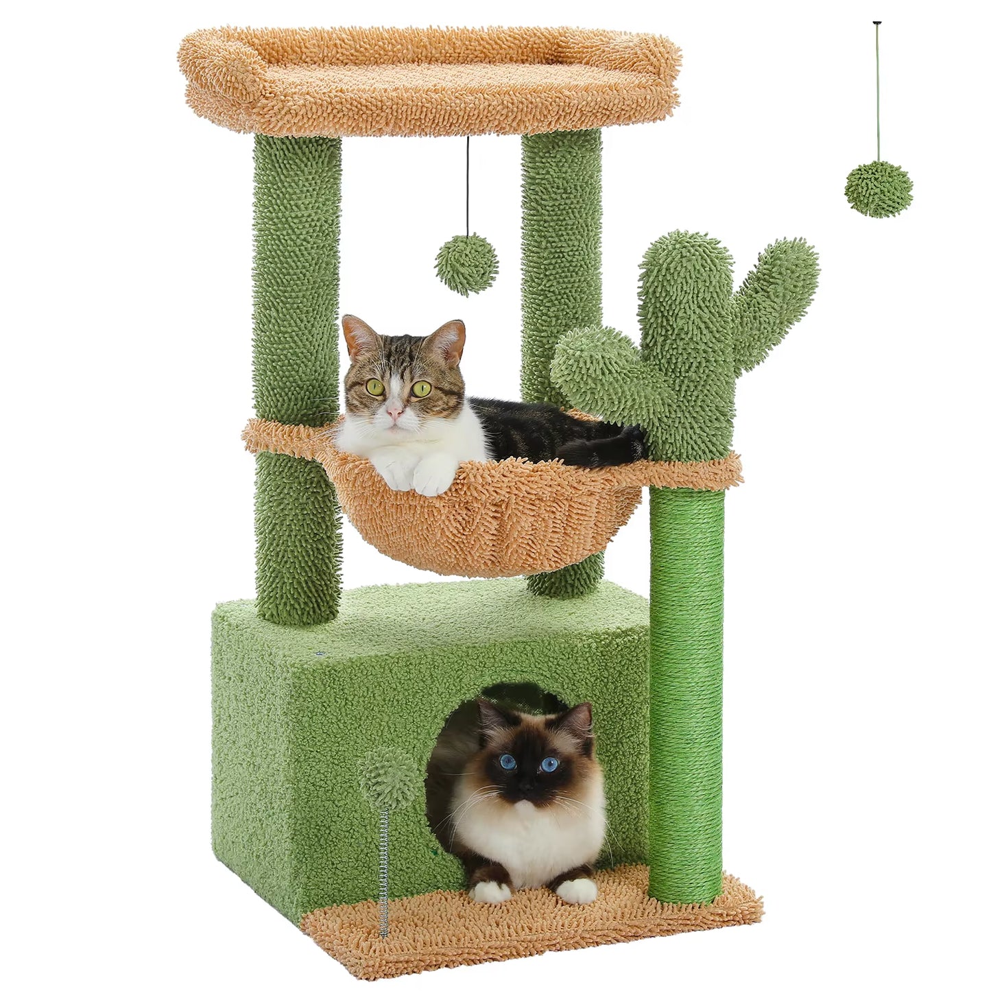 4-In-1 Cactus Cat Tree for Indoor Cat, Small Cat Tower with Large Condo, Scratching Post, Deep Hammock, Cozy Top Perch, Cat Toys