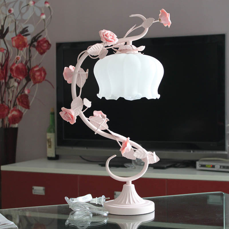 Iron Art Pink Ceramic Rose Bed Lamp for Bedroom