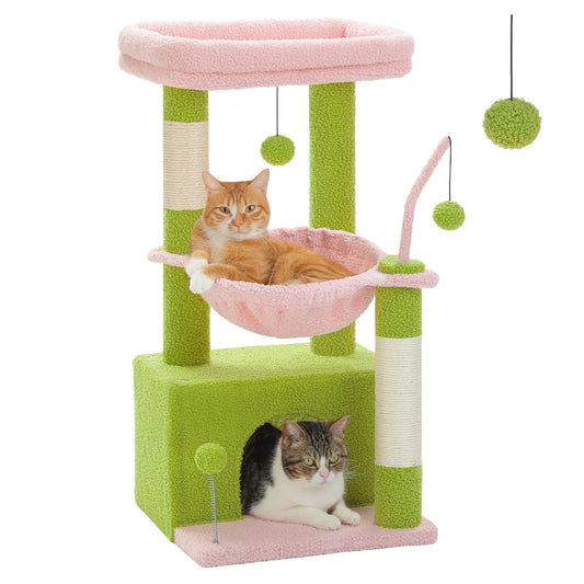 4-In-1 Cactus Cat Tree for Indoor Cat, Small Cat Tower with Large Condo, Scratching Post, Deep Hammock, Cozy Top Perch, Cat Toys