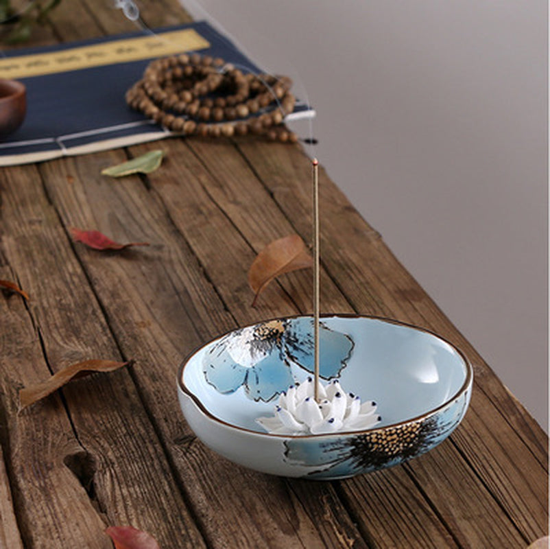 Wholesale Creative Lotus Leaf Ceramic Tea Room Sandalwood Incense Burner with Incense Ash Incense Burner Lotus Incense Plug Household Incense Coil Line Incense Burner