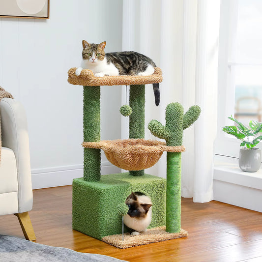 4-In-1 Cactus Cat Tree for Indoor Cat, Small Cat Tower with Large Condo, Scratching Post, Deep Hammock, Cozy Top Perch, Cat Toys