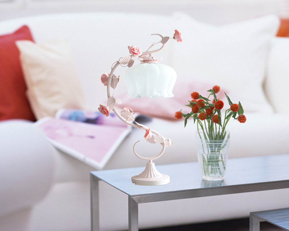 Iron Art Pink Ceramic Rose Bed Lamp for Bedroom