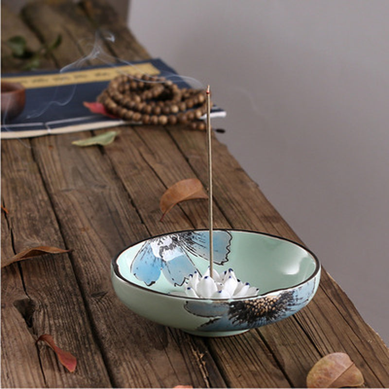 Wholesale Creative Lotus Leaf Ceramic Tea Room Sandalwood Incense Burner with Incense Ash Incense Burner Lotus Incense Plug Household Incense Coil Line Incense Burner