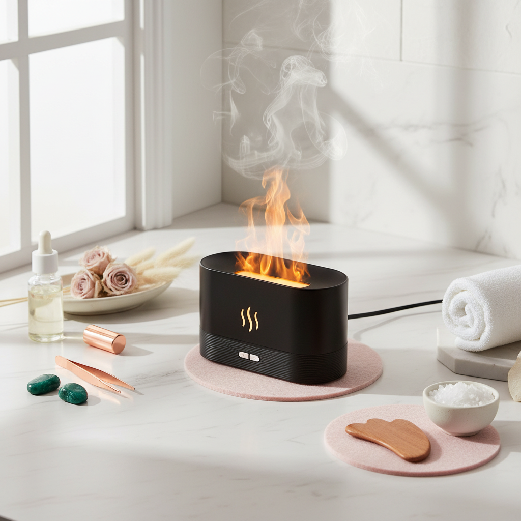Black and White Aroma Diffuser with Flame Light