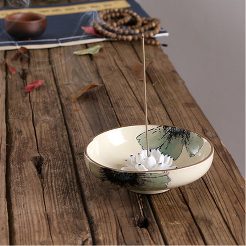 Wholesale Creative Lotus Leaf Ceramic Tea Room Sandalwood Incense Burner with Incense Ash Incense Burner Lotus Incense Plug Household Incense Coil Line Incense Burner